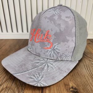 Huk Performance Head Wear Fishing Trucker Hat Cap Gray Camo Palm Trees Snapback